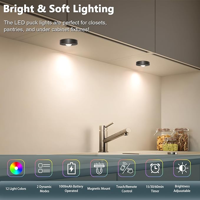 Rechargeable Puck Lights with Remote - 6 Pack LED Under Cabinet Lighting, Color Changing, Dimmable, 1000mAh Battery Powered, Timer, Night Light, for Kitchen, Closet and More, Size: 2.56”