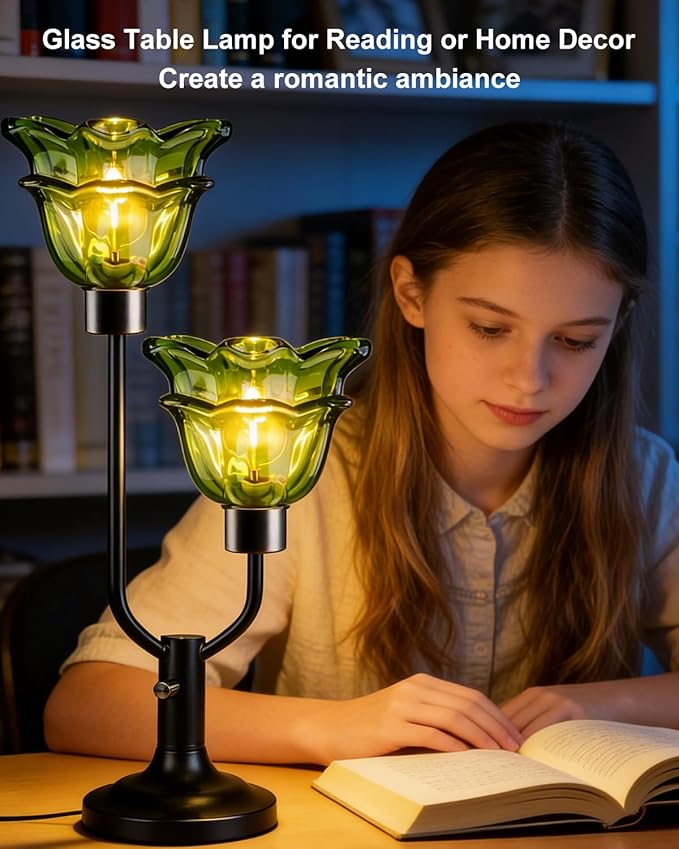 Lightdot Mid Century Modern Flower Table Lamp Black Dimmable U-Shaped Green Glass Desk Lamps with 2Pcs 3000K Warmwhite Bulbs Included Bedside Nightstand Lamp for Living Room Bedroom