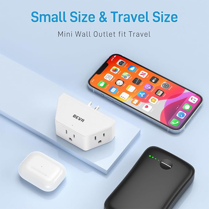 BEVA 2 Pack Small Electric Outlet Adapter, Multi Plug Wall Outlet Extender, 3 Prong Adapter 3 AC Plug Extender for Travel Cruise Ship Dorm Room Essentials
