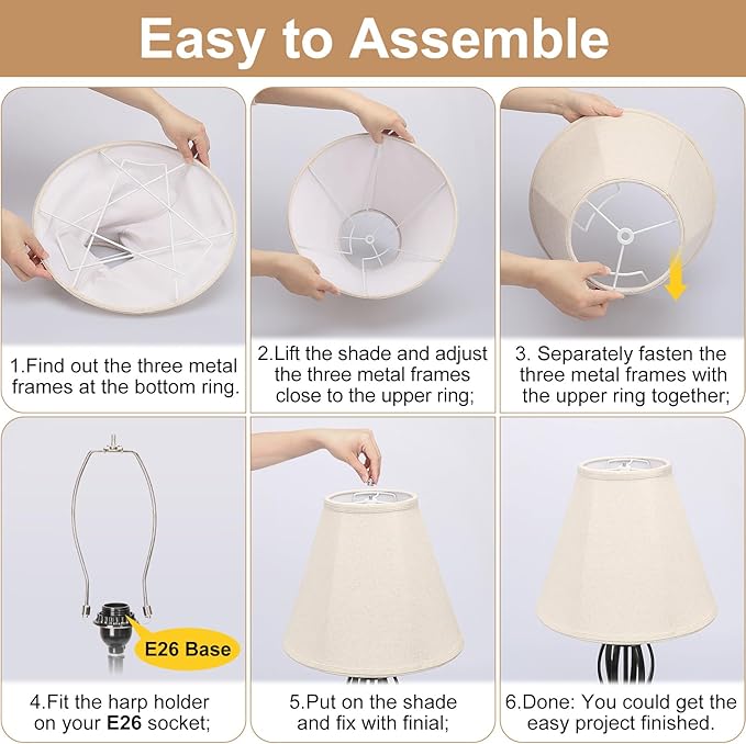 Bell Lamp Shades Set of 2, 6"Top x 13"Bottom x 10"High, Beige Shade Replacement for Table Lamps, Floor Lamps, Fabric Natural Linen Hand Crafted(Spider Fitter), Harp Holders Included, Assembly Required