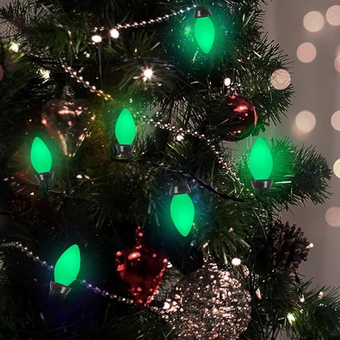 25 Pack C7 Green Christmas Replacement Light Bulbs, C7 Vintage Multicolor Ceramic Bulbs for Christmas Outdoor Indoor String Lights, E12 Candelabra Base-Green