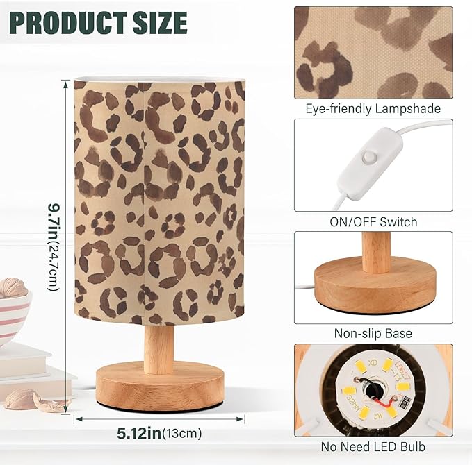 Bedside Table Lamp Leopard Brown Nightstand Lamp with Wood Desk Lamps for Bedroom Living Room Nursery Office Home Decor