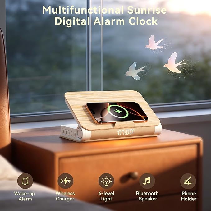Vivilumens Alarm Clocks Wireless Charger Bluetooth Speaker Loud Sunrise Bedside Lamp for Heavy Sleepers Adults with Book Shape Wake Up Light for Bedroom Home Decor （Wooden Grain）