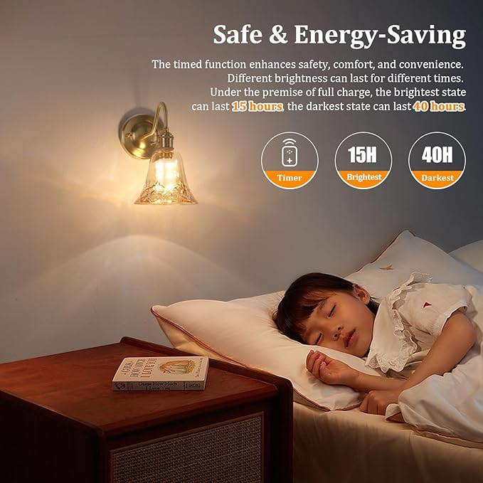 Battery Operated Wall Sconce Set of 2, Vintage Rechargeable Wall Lights with Amber Morning Glory Glass Shade, Wireless Indoor Wall Lamp with Remote for Bedroom Living Room Bathroom
