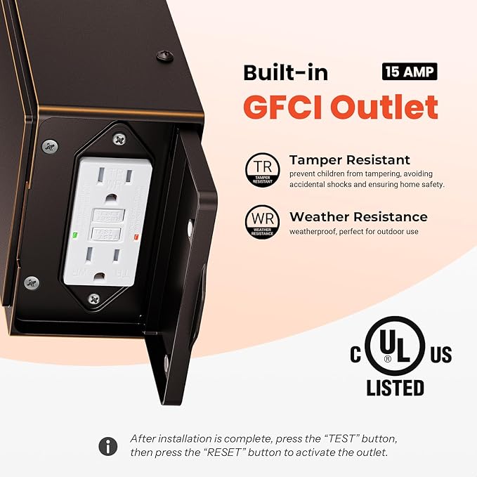 Gleamz Outdoor Porch Light with GFCI Outlet, Oil Rubbed Bronze Gold Trim Farmhouse Exterior Lighting Fixtures Wall Mount for Garage, Anti-Rust Outside Lights for House with Outlet, Outdoor Wall Sconce