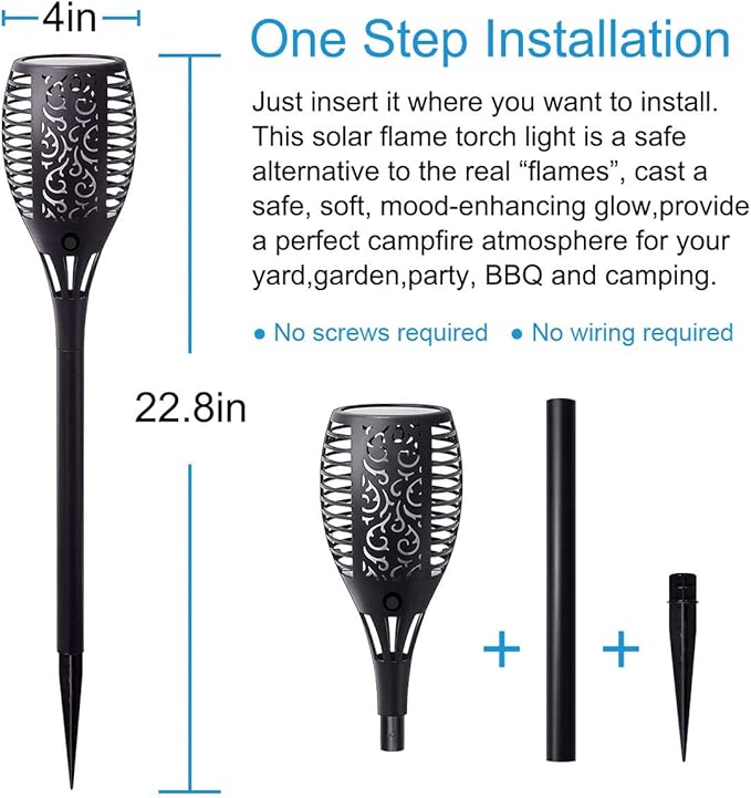 Solar Torch Light with Flickering Flame, Large Solar Fire Lights Outdoor, Landscape Decoration Lighting Security Tiki Torches for Garden, Pathway, Lawn, Auto On/Off Dusk to Dawn
