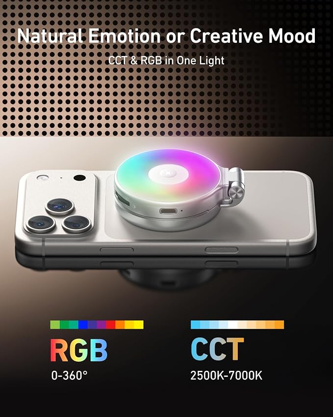 TELESIN Upgraded 4-in-1 Magnetic RGB Selfie Ring Light with Mirror & Phone Stand, Rechargeable Portable Clip On Fill Light for iPhone Samsung TikTok, Vlogging, Makeup, Photography, Streaming