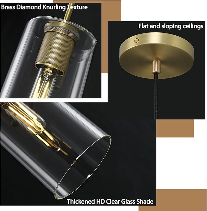 Modern Brass Pendant Lights Kitchen Island Glass Pendant Light Fixtures, 9.5'' Farmhouse Clear Glass Cylinder Pendant Light, Gold Kitchen Pendant Lighting over Island Sink, E26 Bulb Included