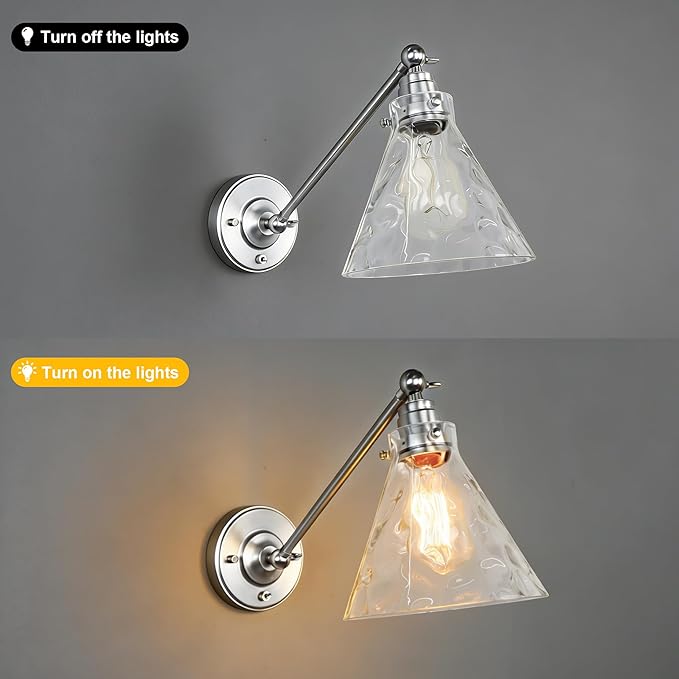 Industrial Vintage Slope Pole Wall Mount Single Sconce with Funnel Flared Clear Glass Shade, Swing Arm Wall Sconce Light Lamp Fixture Hardwired