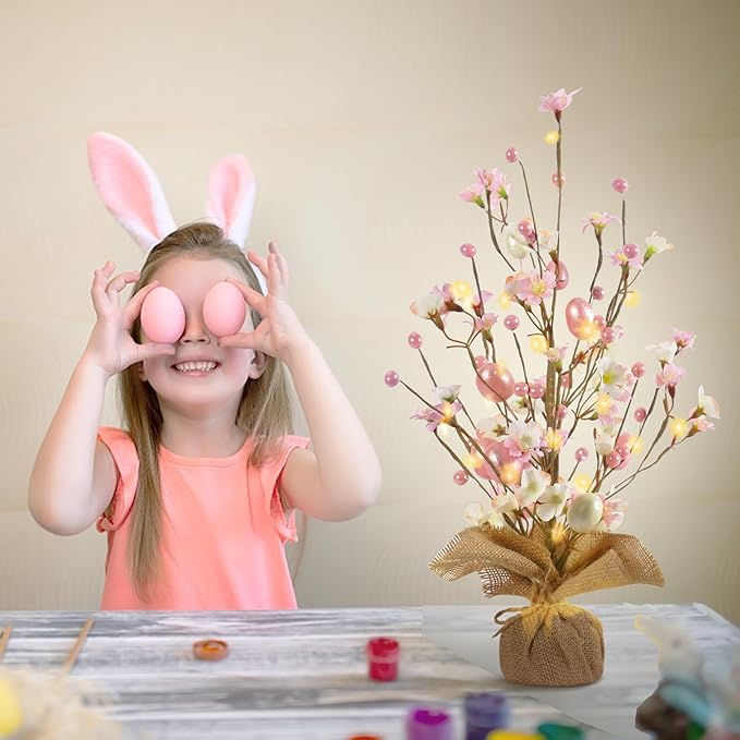 RoseCraft Easter Decorations, Artificial 18 Inch Easter Egg Tree Tabletop Decor with Delicate Ornaments, for Home Party Wedding Holiday Spring Summer Decoration Pink.