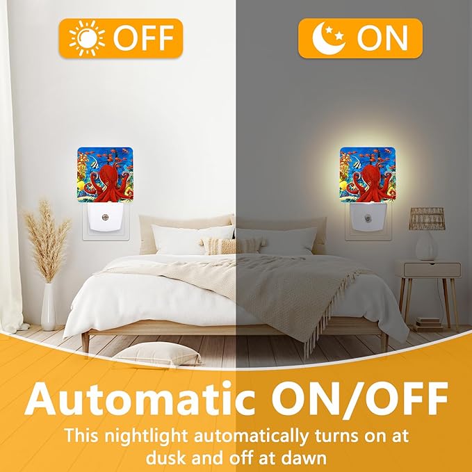 Red Octopus Night Light, Fish Sea Plug-into Nightlight White LED Lamp, Energy Efficient Decor Desk Lamp for Bedroom Hallway Stairs Bathroom