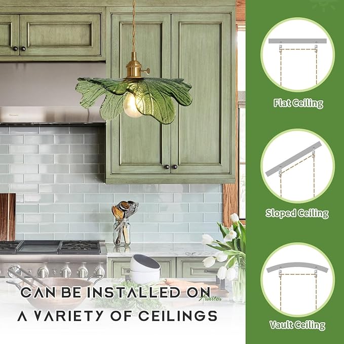 2 Pack Plug in Pendant Light 14.75ft Hanging Light with Plug in Cord Hand Blown Green Glass Pendant Lamp Brass Pendant Light Plug in Hanging Lamp for Kitchen Bedroom Living Dining Room