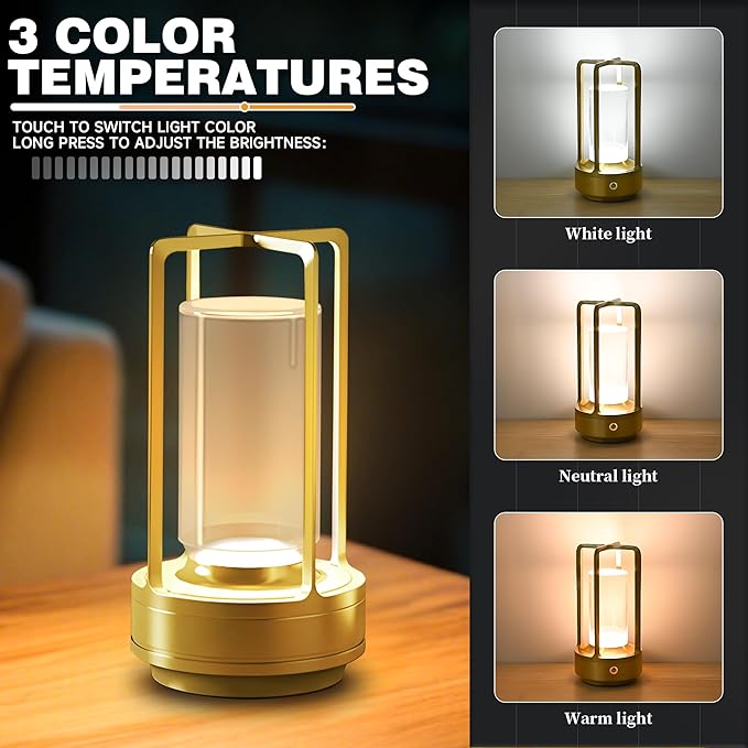 Cordless Portable Table Lamp-Rechargeable LED Lighting. Featuring 3 Adjustable Color Temperatures & Stepless Dimming Function, Battery-Operated Desk Lamp Adapts to Indoor/Outdoor Settings(Gold)