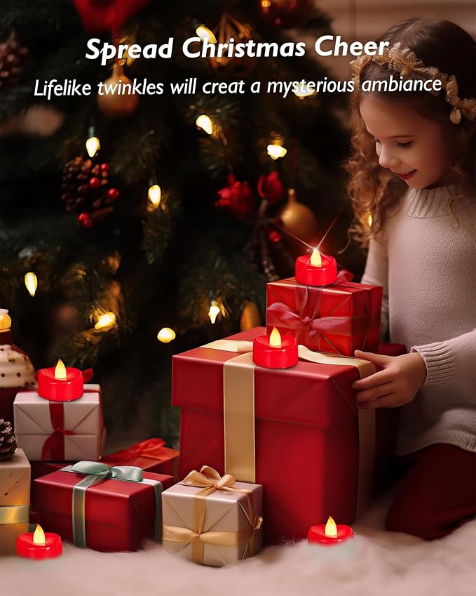 Flameless Candles, 12 Pack Tea Lights Candle Battery Operated, Flameless Tealight Votives, Realistic Tea Lights for Halloween Christmas Party Decor -D 1.5” x H 1.25”-Red Light