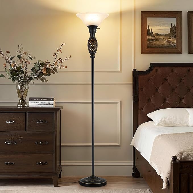 Vintage Floor Lamp with Nightlight, 70" Rustic Standing Lamp with Glass Shade, Victorian Style Tall Lamp Decor for Living Room Bedroom Study Home Office Corner (Bulb Included)