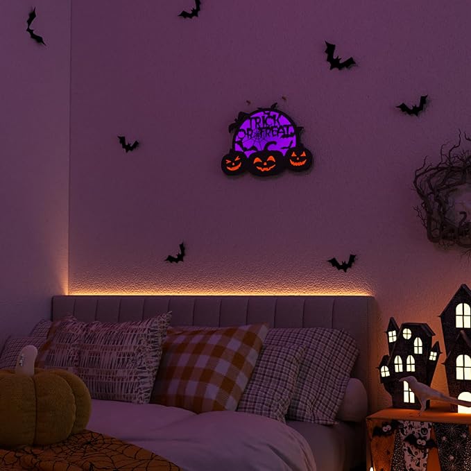 Halloween Pumpkin Lights, LED Connected Jack O Lantern With Light Up Purple Moons, Bat Spider Web & Trick or Treat Wording, USB & Battery Powered With Timer, Halloween Decorations Kids Wall Window Art