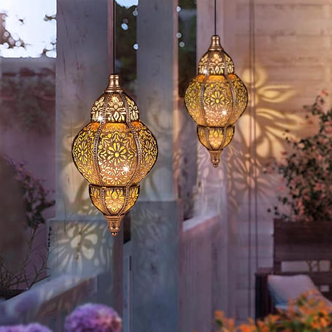 Hanging Solar Lantern Outdoor Decor, Moroccan Solar Lights for Outside Garden Decorations, Waterproof Solar Lanterns Garden Gifts for Mom, Women, Patio, Yard Ornament (Copper2P)