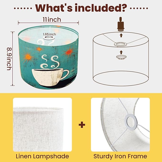 Drum Lamp Shade Mid Century Modern Retro Coffee Cup Cafe Sign Art Scandinavian Design Lampshade for Floor Lamps Table Lamps Pendant Light 8.9"x11" Linen Lampshades Replacement Large Lamp Shade