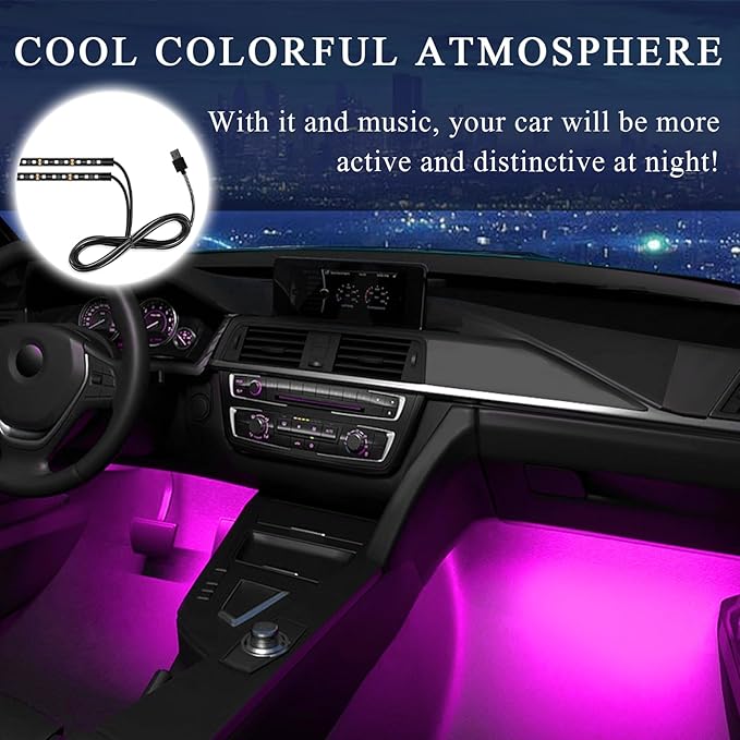Car LED Strip Light, 12V 24 LEDs Auto Interior Atmosphere Lamp with USB Port, Vehicle Under Dash Ambient Neon Night Light Decorative Strip, Universal Car Accessories (Pink Purple)