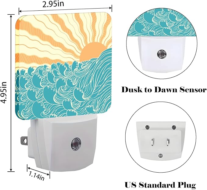 Boho Sea Waves Night Light,Plug-in Nightlights Auto Sensor Night Lamp Dusk-to-Dawn Lamp Home Decor for Nursery Children Girls Boys