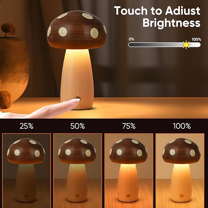 2 Pack LED Wood Mushroom Table Lamp, Rechargeable Cordless Touch Bedside Small Lamps, Wireless Stepless Dimming Night Light, Portable Battery Lamp for Bedroom Nightstand for Birthday Gifts