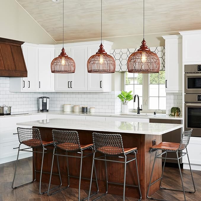 Rattan Pendant Light Kitchen Island, 15.8" Boho Dining Room Light Fixture Hand-Woven Wicker Chandelier Farmhouse Weaving Lighting Coastal Ceiling Hanging Lights for Living Room Restaurant