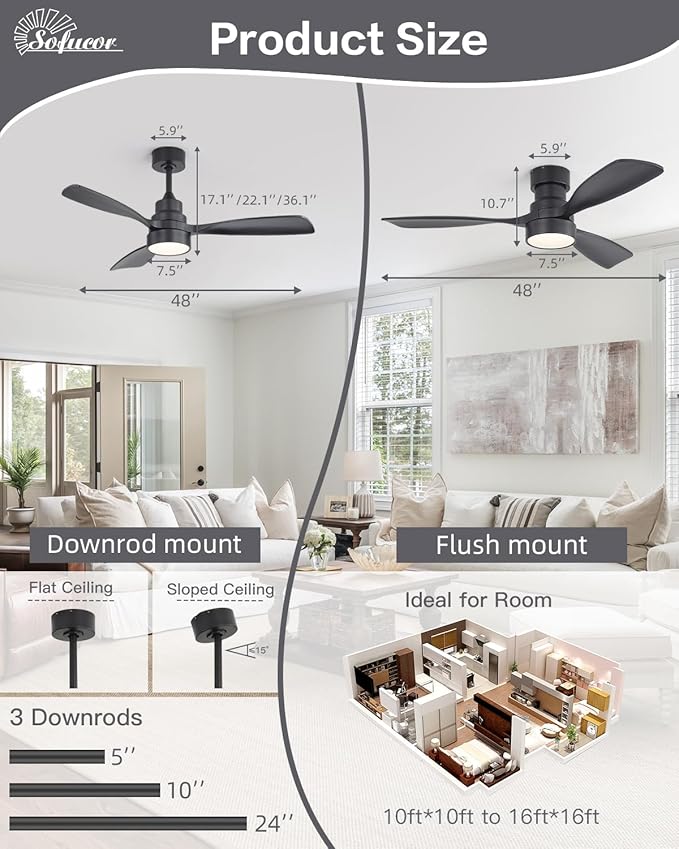Sofucor 48 Inch Smart Ceiling Fans with Lights-Flush Mount & Downrod Mount Modern Outdoor Ceiling Fans with Alexa/Google Assistant/APP/Remote Control for Bedroom/Farmhouse/Patio, Black & Walnut