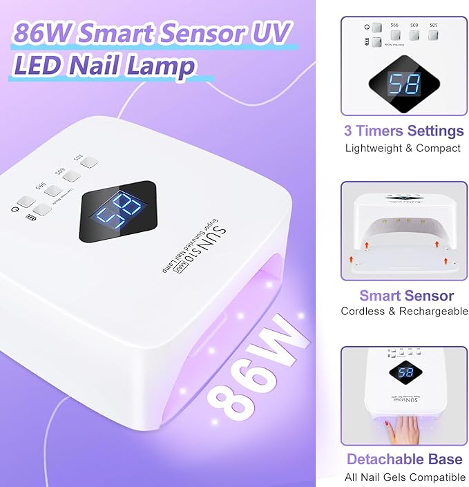 LKE Cordless Rechargeable UV Nail Lamp, 86W UV Light for Gel Nails with 3 Timer Setting Display Auto Sensor, Professional Quick Dry for Salon & Home Use