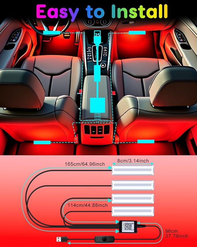 Car LED Lights Interior, RGB Under Dash Foot Well Lighting Kit with DIY Mode, Mult-Color Light for Car with APP Control and Button Control, Music Sync USB 5V DC