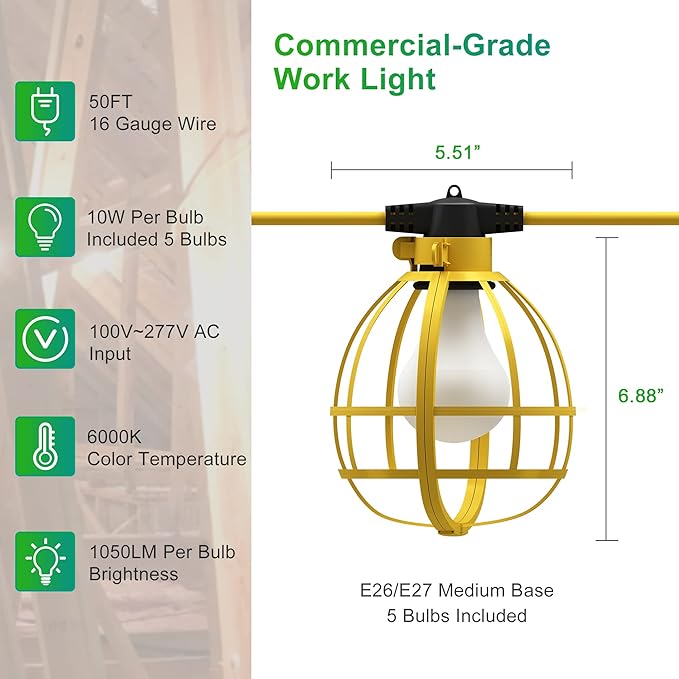 LEDIARY 50FT Construction String Lights, 5 Bulbs 50W 5250LM Work Lights with 5 Medium Base Sockets, Linkable Construction Lights, Weatherproof Commercial-Grade Temporary Lighting
