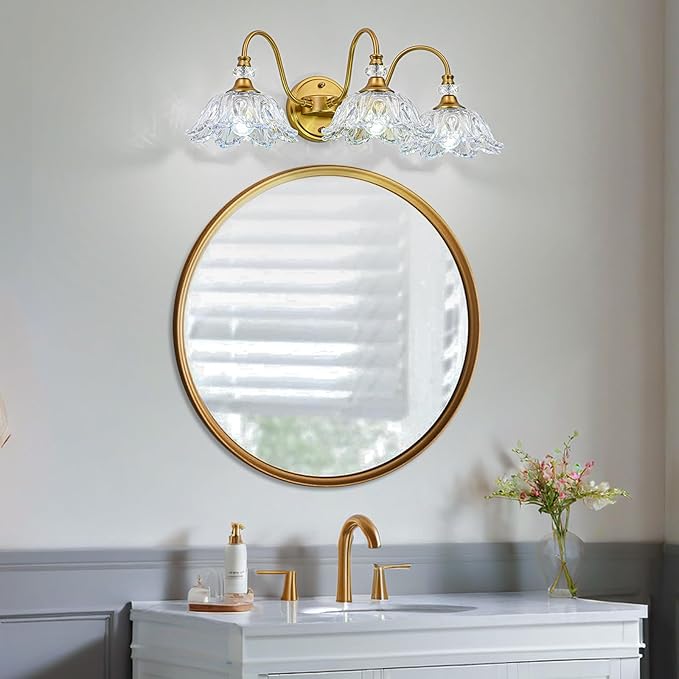 Vintage Bathroom Vanity Light, 3-Light Matte Brass Finish Vanity Light with Flower-Shaped Rainbow Glass Shades, Retro Wall Sconce for Bathroom