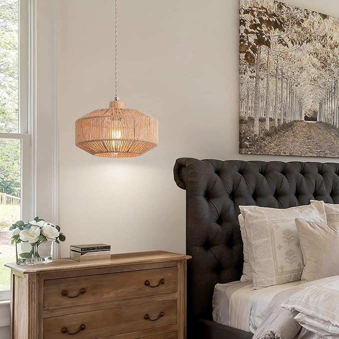 Coastal Woven Plug in Pendant Light with 14ft Handmade Hemp Rope Light Cord, Dimmable Switch, Natural Basket Hanging Lamp for Bedroom Kitchen Island Decor Farmhouse Living Room