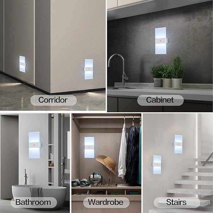 LED Dimmable Wall Sconces 2Pack,2200Mah Battery Operated Motion Sensor Magnetic Modern Wireless Wall Lamp with Button Switch Cold White for Bedroom Living Room Hallway