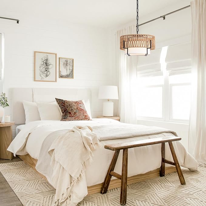 Rattan Pendant Light, 12.6" Boho Chandelier with Fabric Shade, Farmhouse Hanging Light Fixture Chandelier for Dining Room, Living Room, Bedroom, Kitchen Island, Foyer, Hallway