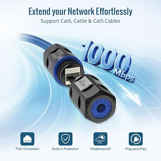Tecmojo Waterproof Cat6 Coupler, IP68 Outdoor Ethernet Connector for CAT6/CAT5E/CAT5,Shielded RJ45 Ethernet Extender for IP Camera and PoE Device, 3.2in,6 Pack