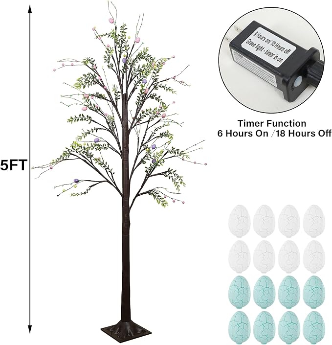 DR.DUDU 5FT Lighted Easter Tree with Timer, Easter Decorations for Home & Porch, Pre-Lit Egg Trees with LED Lights & Colorful Eggs, Indoor Outdoor Spring Decor Party & Office Decoration
