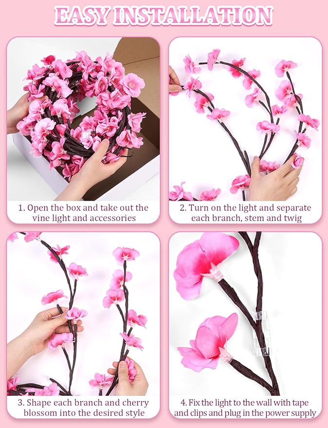 7.55 FT 144 LED Cherry Blossom Tree Branch Lights for Wall,8 Modes Pink Cherry Blossom Lights with Remote Timer,Willow Vine Lights for Bedroom decor,Light Up Cherry Blossom Decor,Holiday Birthday Gift