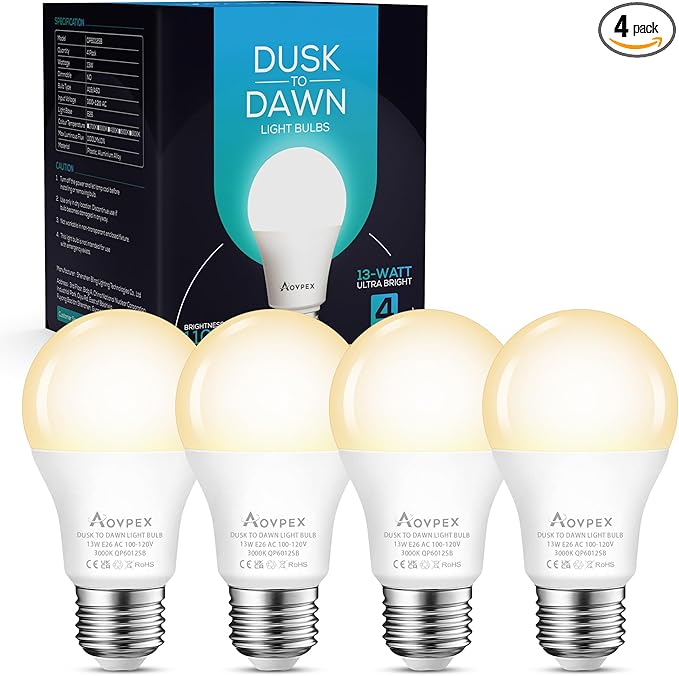 Dusk to Dawn LED Outdoor Light Bulbs, 13W 1100LM(100W Equivalent), A19 Sensor LED Bulb, E26 3000K Soft White Day Night Bulbs, Auto ON/Off, Sensor Lighting for Porch Garage Front Door, 4 Pack