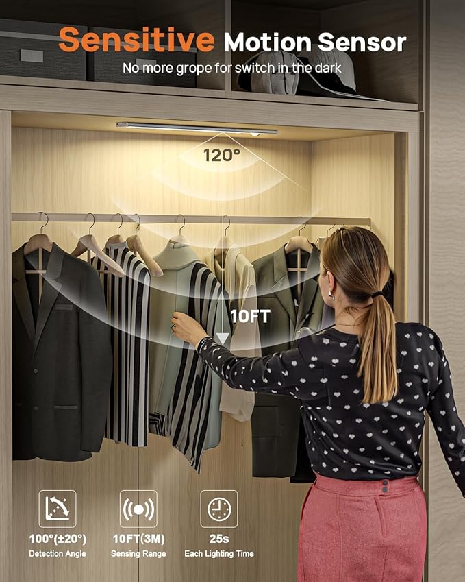 16in Under Cabinet Lighting with Remote Control,160 LED Motion Sensor Light Indoor,4000mAh USB Rechargeable Closet Lights,3 Color Temps Wireless Under Counter Lights for Kitchen,Pantry, Stair, 3 Pack