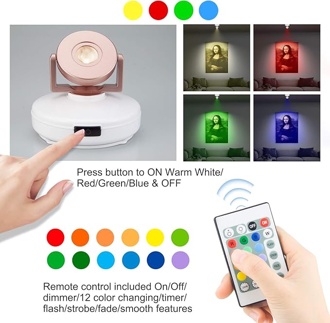 BIGMONAT Wireless LED Spotlight Battery Powered, Dimmable Accent Lighting for Picture Artwork, Rechargeable Color Changing Up Light for Painting Tree Plant Dartboard with Remote and Timer