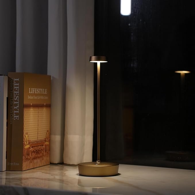 Cordless LED Table Lamp，Rechargeable Battery Desk Lamps, 3 Color Stepless Dimmable Metal Battery Table Lamps, Portable Table Light for Indoor/Outdoor/Restaurants/Bedroom/Bar