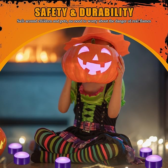Riakrum 6 Pieces Remote Timer LED Lights with Remote LED Pumpkin Lights Battery Operated Lantern Bright Flameless Candle(Purple,Purple Light)