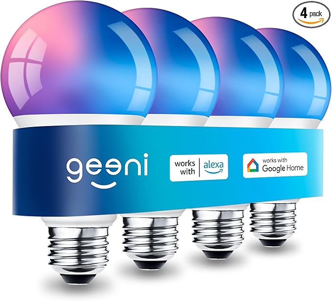 Geeni Prisma Plus 800 Dimmable Smart Light Bulbs with 2.4 GHz Wi-Fi Connectivity – Color-Changing & Tunable White, A19 LED Smart Bulb – Works with Alexa & Google, 4-Pack