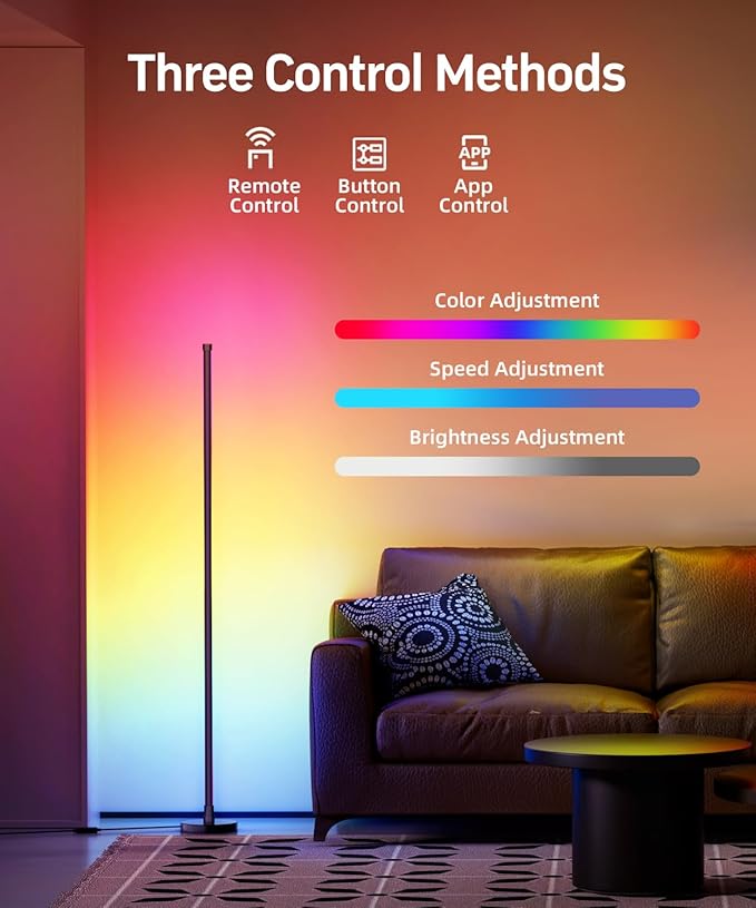 Smart RGB Corner Floor Lamp, LED Standing Lamp with Remote & App Control, Music Sync and Color Changing Ambient Lighting, Floor Lamps for Bedroom, Party and Living Room