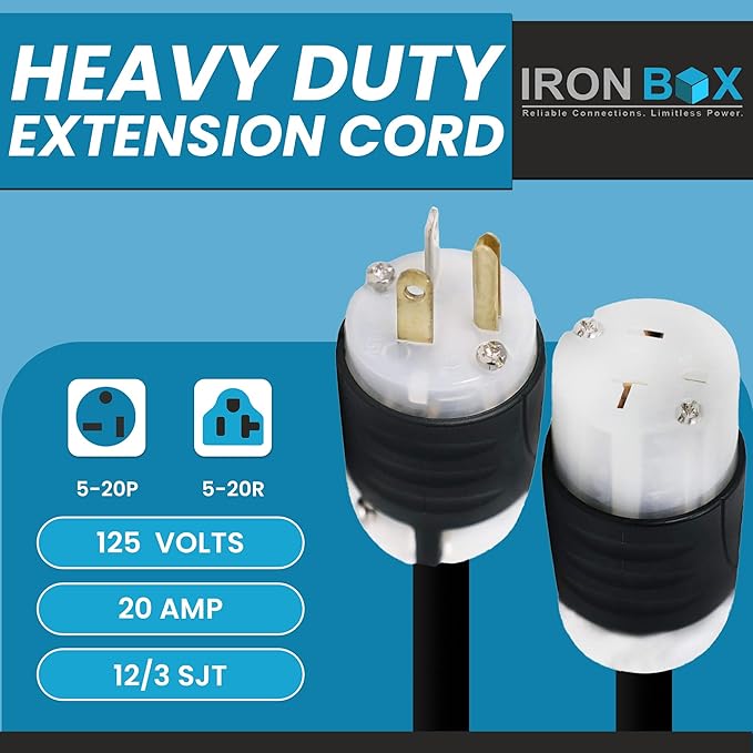 IronBox Electric NEMA 5-20P to 5-20R Extension Cord - 20A, 125V, 12/3 SJT - Heavy Duty Outdoor Generator Cords & Plugs - UL Listed Extension Cable for Data Centers, Camper & More (10 ft, Custom Built)