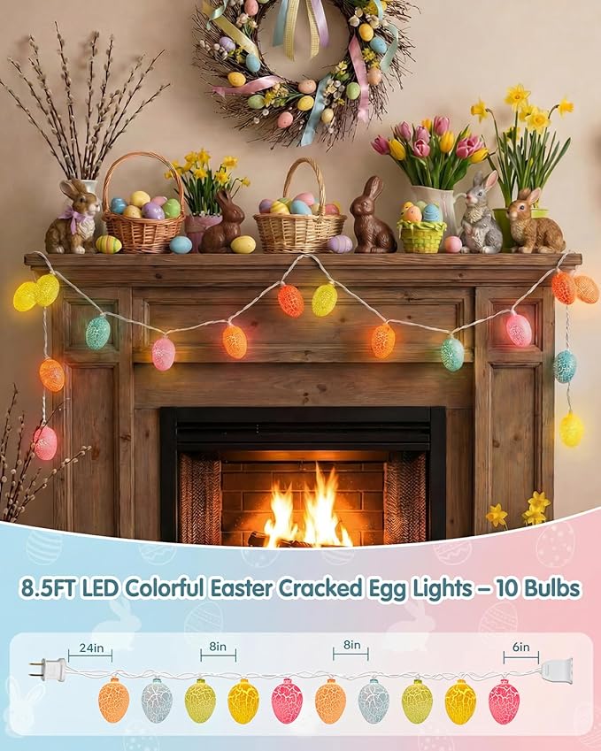 SUNSGNE Easter Egg String Lights for Outdoor Indoor Easter Decorations, 8.5ft Cracked Egg Lights String with 10 Multicolor Bulbs for Garland Tree Garden Yard Fence Patio Balcony Party Decor