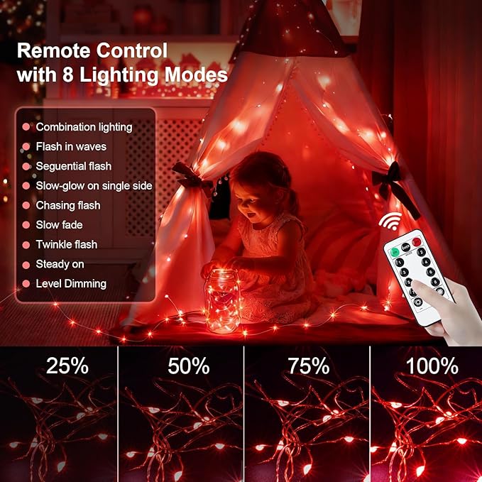 AIKEI 6 Pack LED Fairy Lights with Timer Battery Operated, Mini String Lights with Remote Waterproof 7ft 20 Led Firefly Starry Lighting for Wedding Party Bedroom Garden Christmas Decoration Red
