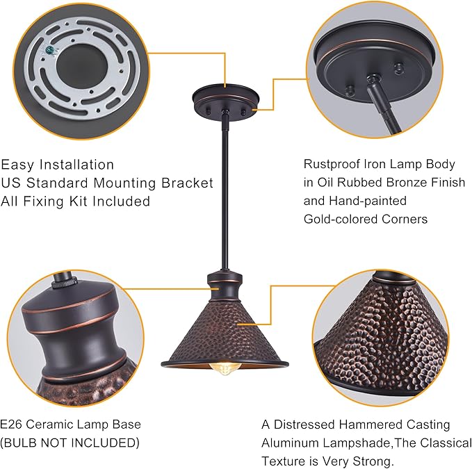 Max 58”Ht Adjustable Tube Mini Pendant,Vintage Hammered Pattern Cast Aluminum Shade,1-E26 Classic Lamp,Oil Rubbed Bronze Farmhouse Hanging Light for Kitchen Island,Entryway,Dining Room.