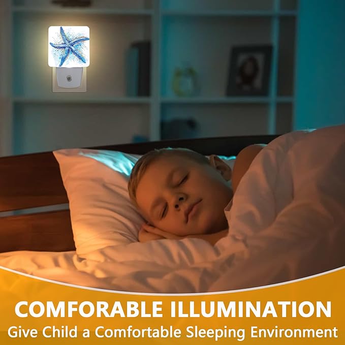 Watercolor Starfish Night Light, Plug-into Sea Beach Nightlight White LED Lamp, Energy Efficient Decor Desk Lamp for Bedroom Hallway Stairs Bathroom