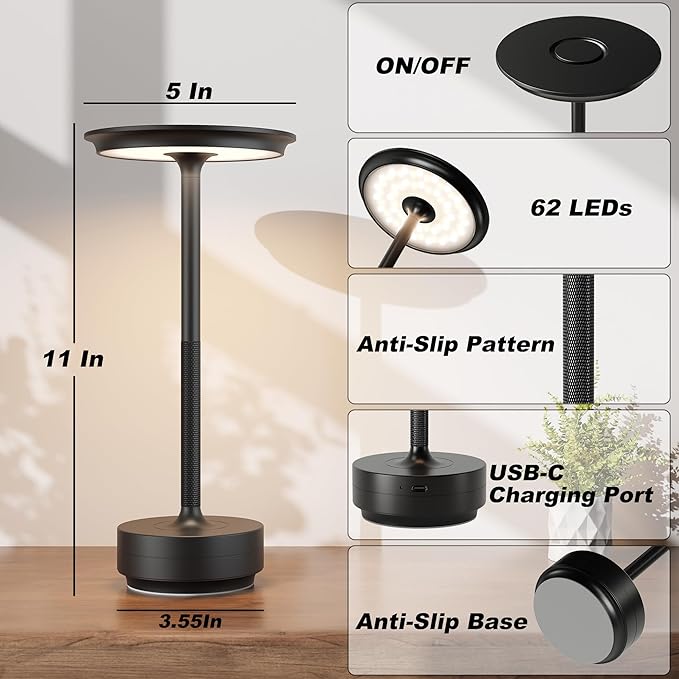 2 Pack Rechargeable Table Lamps Cordless, Portable 5000mAh Outdoor Table Light, 3 Color Stepless Dimming LED Table Lamp with Memory Function, for Home/Dinner/Patio/Restaurant.(Black)